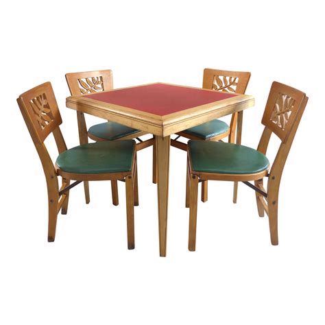 Mid Century Modern Folding Wood Card Table & Folding Chairs- Set of 5 | Chairish