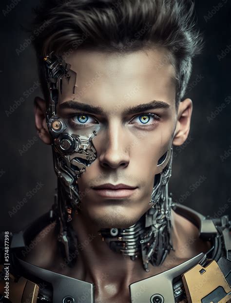 An attractive man as half-robot or a humanoid android with artificial ...