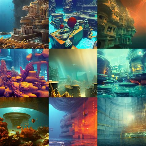 Abstract tech underwater environment ruined city, | Stable Diffusion | OpenArt