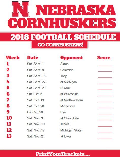 2018 Printable Nebraska Cornhuskers Football Schedule | Ohio state ...