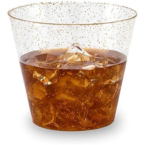 100 Gold Glitter Clear Hard Plastic Cups 9 Oz. Fancy Disposable ...