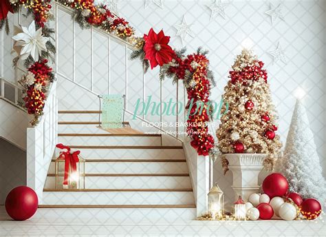 Surreal Grand Red and Gold Christmas Staircase Photography Backdrop ...