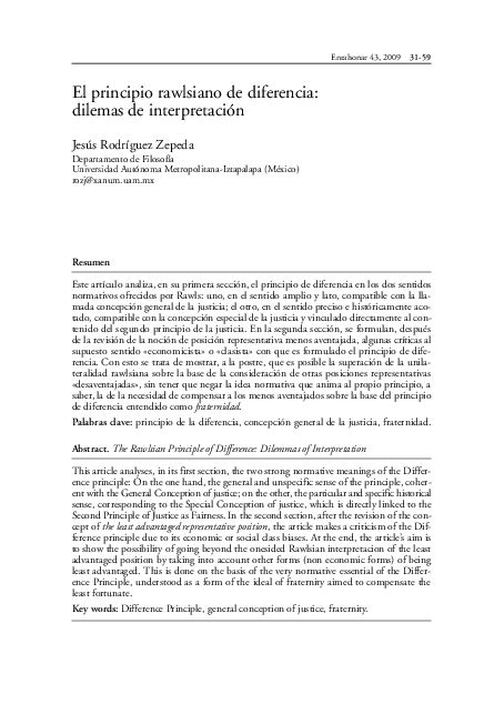 (PDF) The Rawlsian Principle of Difference: Dilemmas of Interpretation | Jesús Rodríguez Zepeda ...