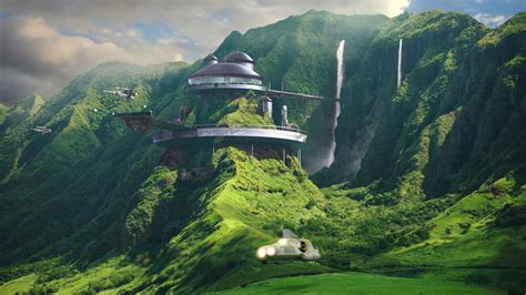 landscape, Futuristic, House, Mountains, Waterfall, Science fiction, Digital art Wallpapers HD ...