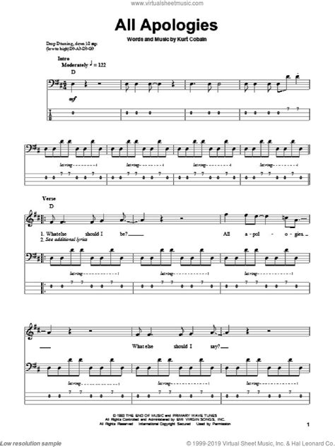 Nirvana - All Apologies sheet music for bass (tablature) (bass guitar) | Bass tablature, Bass ...