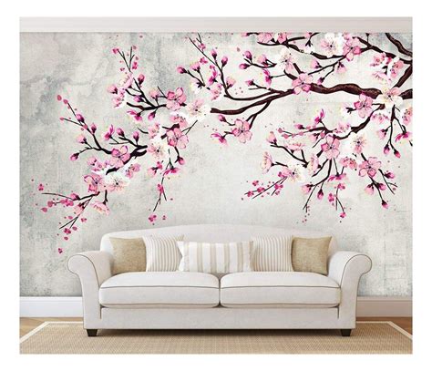 wall26 Large Wall Mural - Watercolor Style Ink Painting Pink Cherry Blossom on Vintage Wall ...