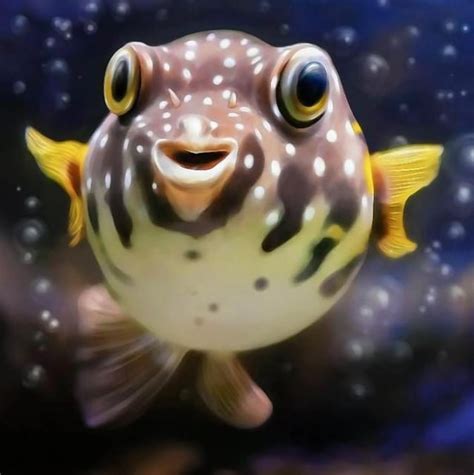 This Cute, Smiling Puffer Fish 💛🖤🤍💙 : r/cute