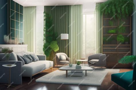 Premium AI Image | A living room with a green wall and a couch with a plant on it.