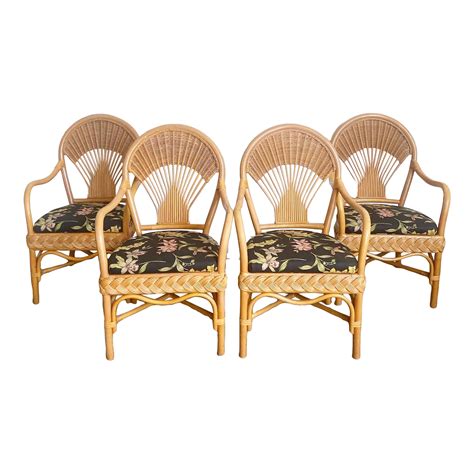 Boho Chic Bamboo Rattan Woven Wicker Dining Chairs - Set of 4 | Chairish