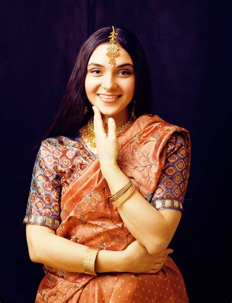 Beauty Sweet Real Indian Girl in Sari Smiling on Black Backgroun Stock ...