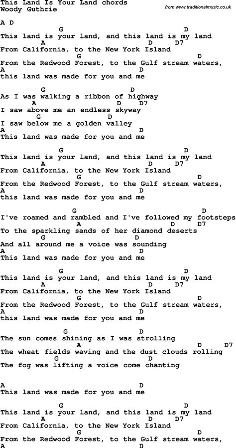 Song Lyrics with guitar chords for This Land Is Your Land Song Lyrics And Chords, Ukelele Songs ...