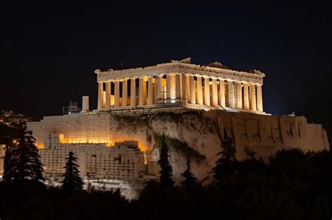 Premium AI Image | The acropolis at night with lights on