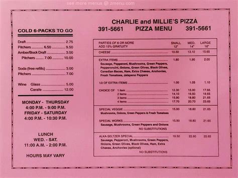 Online Menu of Charlie & Millie's Pizza House Restaurant, Largo, Florida, 33778 - Zmenu