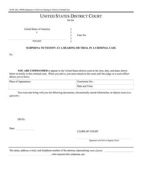 Subpoena to Testify at a Hearing or Trial in a Criminal Case Form ...