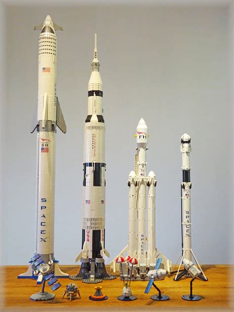 Family photo of all the 1:110 SpaceX rockets + the Saturn V. All are now on Lego ideas : lego