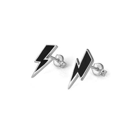 Black Lightning Bolt Earrings Silver Black Lightning Stud - Etsy