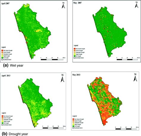 Anomaly/drought map of Kozhikode district for (a) wet year and (b ...