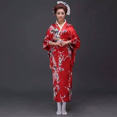 Red peafowl Japanese Kimono Women's Polyester Satin Kimono Yukata ...