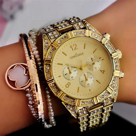 Relogio Feminino Large Dial Women Watches Luxury Brand Fashion Rhinestone Golden Ladies Wrist ...