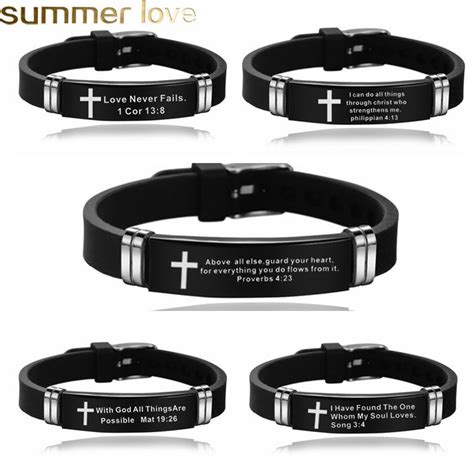 2020 Cross Bible Verse Quotes Bracelets For Men Women Soft Silicone Bangle Stainless Steel ...