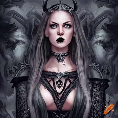 Dark wallpaper featuring a gothic viking woman holding a trident with electrical formulas on Craiyon