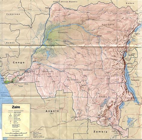 Large political map of Zaire with relief, roads, railroads, cities ...