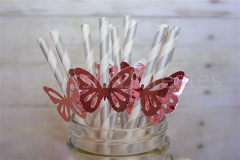 Paper Straws - Pink Butterfly Paper Straws - Custom Straws - Pink Foiled Straws - Baby Shower ...