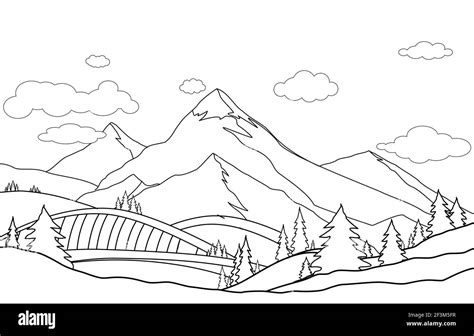 Line art, drawing of mountain landscape vector illustration. Cartoon of spring summer beautiful ...