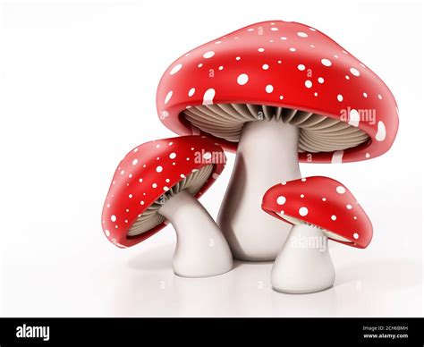 Red and white wild mushrooms isolated on white background. 3D ...