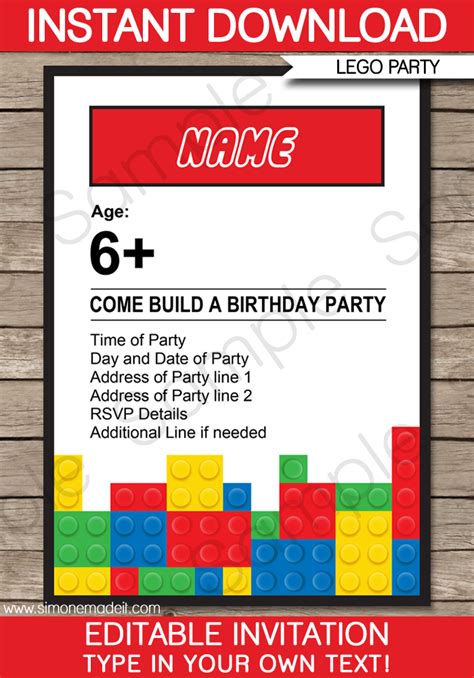 Lego Party Invitations Template | Printable Lego Birthday Party Invites