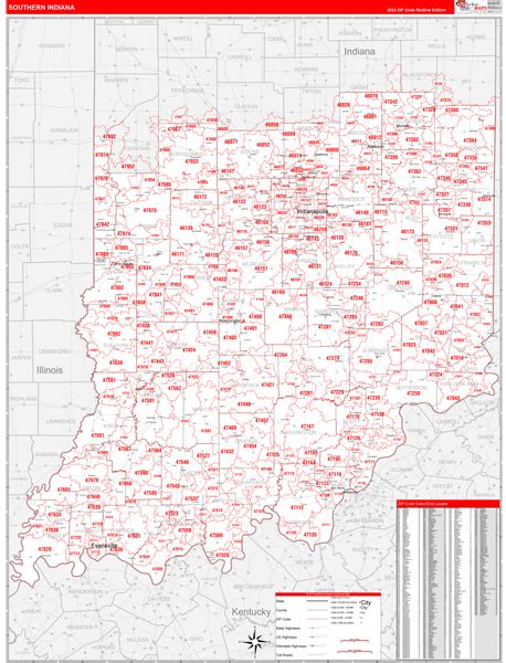 Indiana Southern Wall Map Red Line Style by MarketMAPS - MapSales