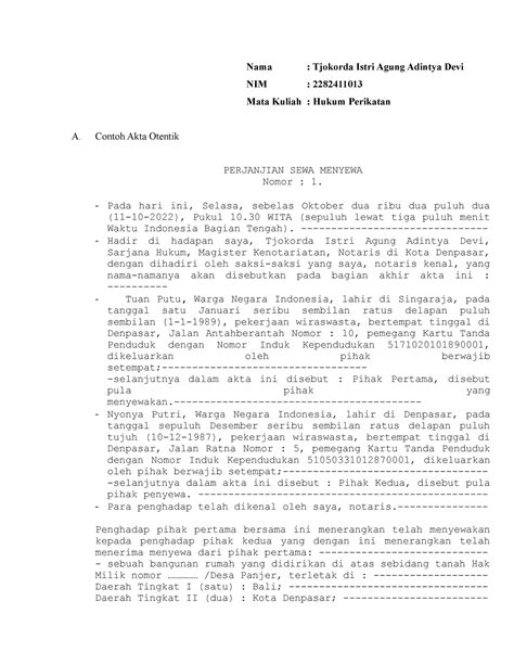 Contoh akta otentik dan analisisnya terhadap asas-asas perjanjian - Nama : Tjokorda Istri Agung ...