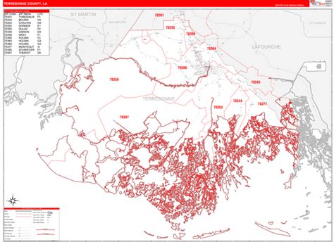 Terrebonne County, LA Zip Code Wall Map Red Line Style by MarketMAPS ...