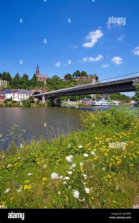 Bridge over Saar river to the old town of Saarburg at the Saar river ...