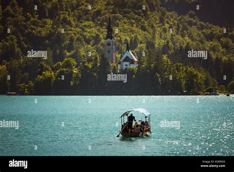 Pletna boat takes tourists to Bled island, Slovenia Stock Photo - Alamy