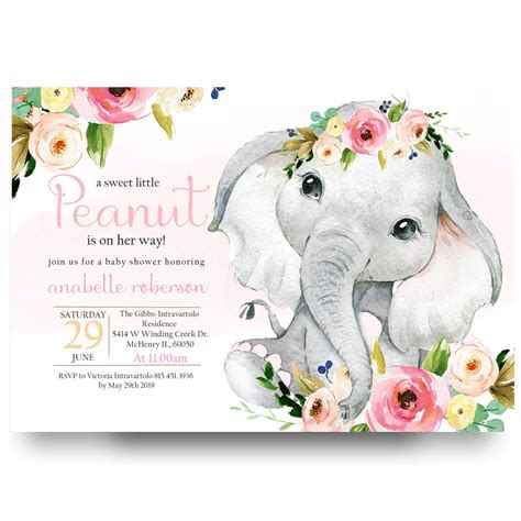 Elephant baby shower invitation, pink floral elephant #35 | Elephant ...