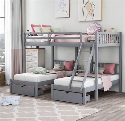 Kids Full Over Twin and Twin Triple Bunk Bed, Wooden Bed Frame with Storage Drawers Ladder ...