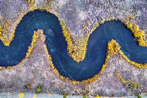 Aerial Footage of a Regulated River Meander and Yellow Plants · Free ...