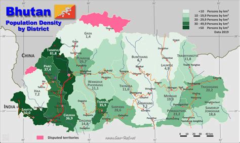 Bhutan population density by district | Carte