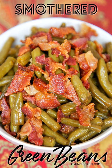 green beans with bacon in a white bowl