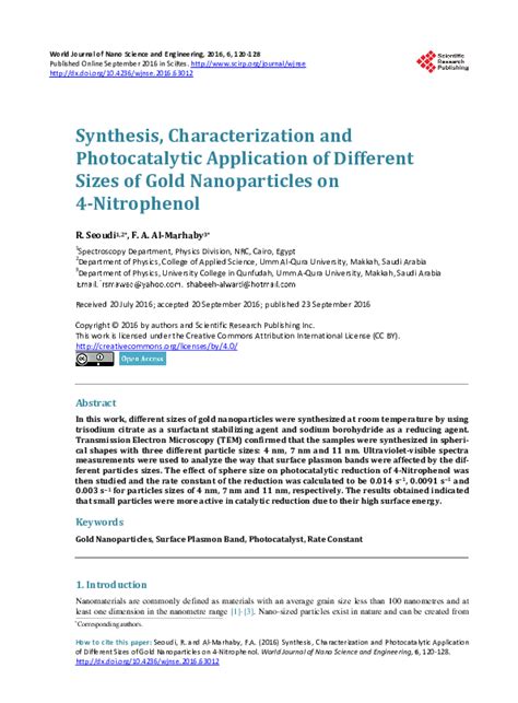 (PDF) Synthesis, Characterization and Photocatalytic Application of ...