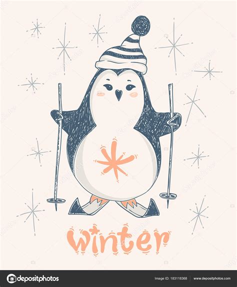 Cute penguin skiing. Vector print design for kid t-shirts,dress or greeting cards. Stock Vector ...