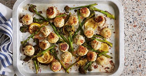 Baked Chicken and Ricotta Meatballs with Broccolini Recipe