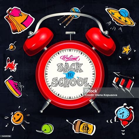 Concept Of Elementary School Education In Cartoon Style Back To School Alarm Clock With Greeting ...