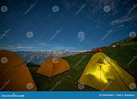 Night Camping on Mountain with Sky and Stars on Green Grass. Stock ...