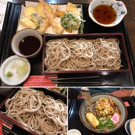 Cold soba with tempura set and hot kakiage soba, from Minatogawa Soba shop in Okinawa, Japan ...