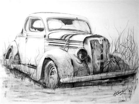 Old Abandoned Car Graphite Pencil Drawing. Print from an