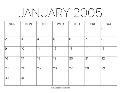 2005 Calendar January – Printable Old Calendars