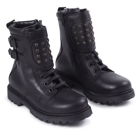 Diesel Boys Black Leather Combat Boots with Studded Strap and Laces for ...