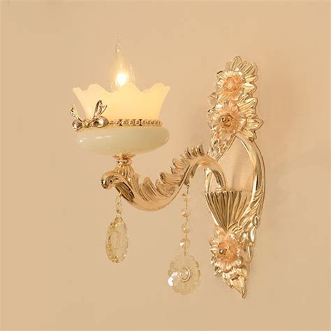 Scalloped Frosted Glass Wall Lighting Retro 1/2-Light Living Room Sconce with Brass Carved Arm ...